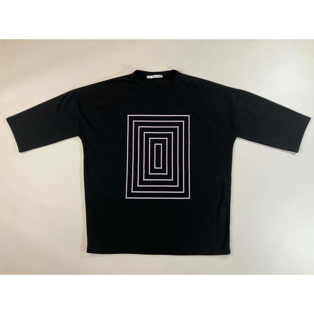 By Pink Women Black Geometric Elbow Sleeve Boxy Top Made Korea Oversized